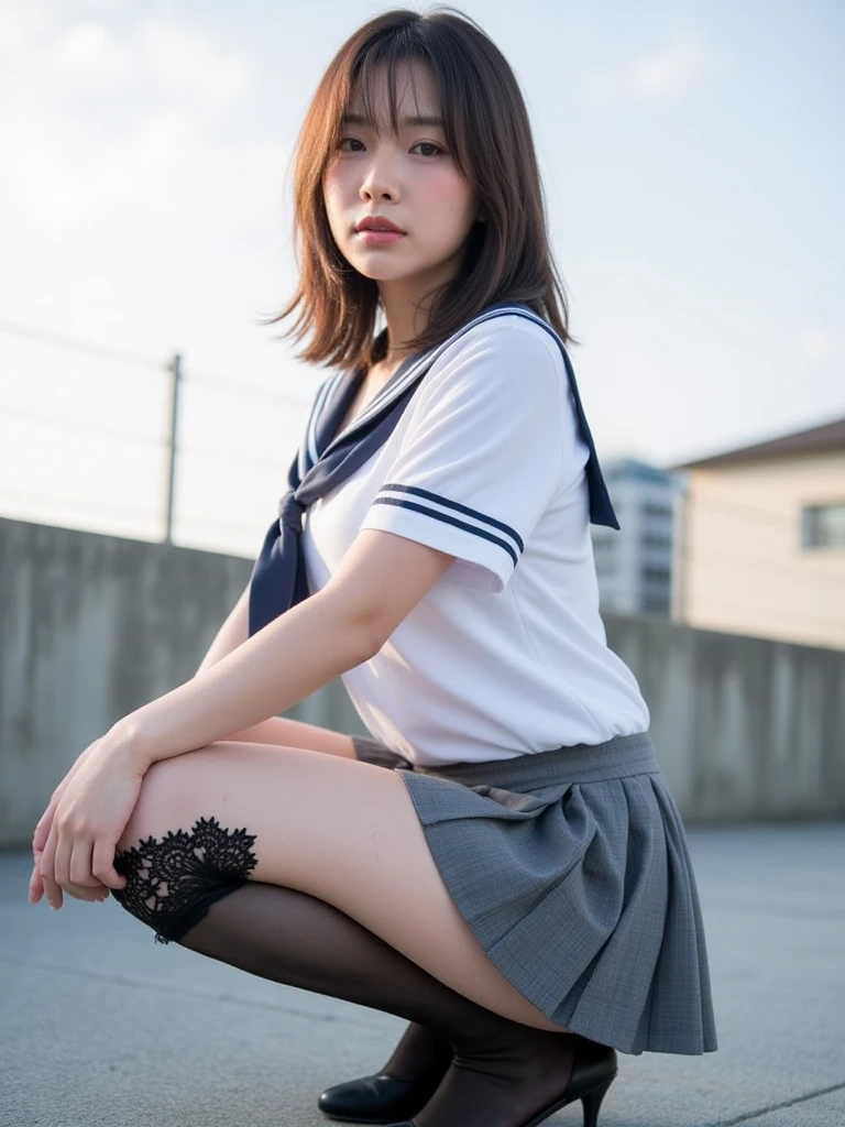 (8k, Highest quality, masterpiece: 1.2), (Realistic, photoRealistic: 1.2), sitting, (Panty shot)))), (Spread your legs)))), alone, Beautifully defined skies, night, Wet, Observe your audience, (sit: 1.5), date, future, (Nose brush), smile, Big Breasts, Beautiful Eyes,), (Dark Blonde: 1), (short hair :1.1), Panty shot, Spread your legs, skirt, , White panties, socks, Black Hair, shirt, Blurred, Blurred background, Knee-length, 白のshirt, loafers, Realistic, Long Hair, lips, Brown eyes, 黒のsocks, tie, プリーツskirt, bow, Headrest, landscape, Outdoor, Brown footwear, masterpiece, Highest quality, Very detailed, ((((Panty shot))), (((Spread your legs))),