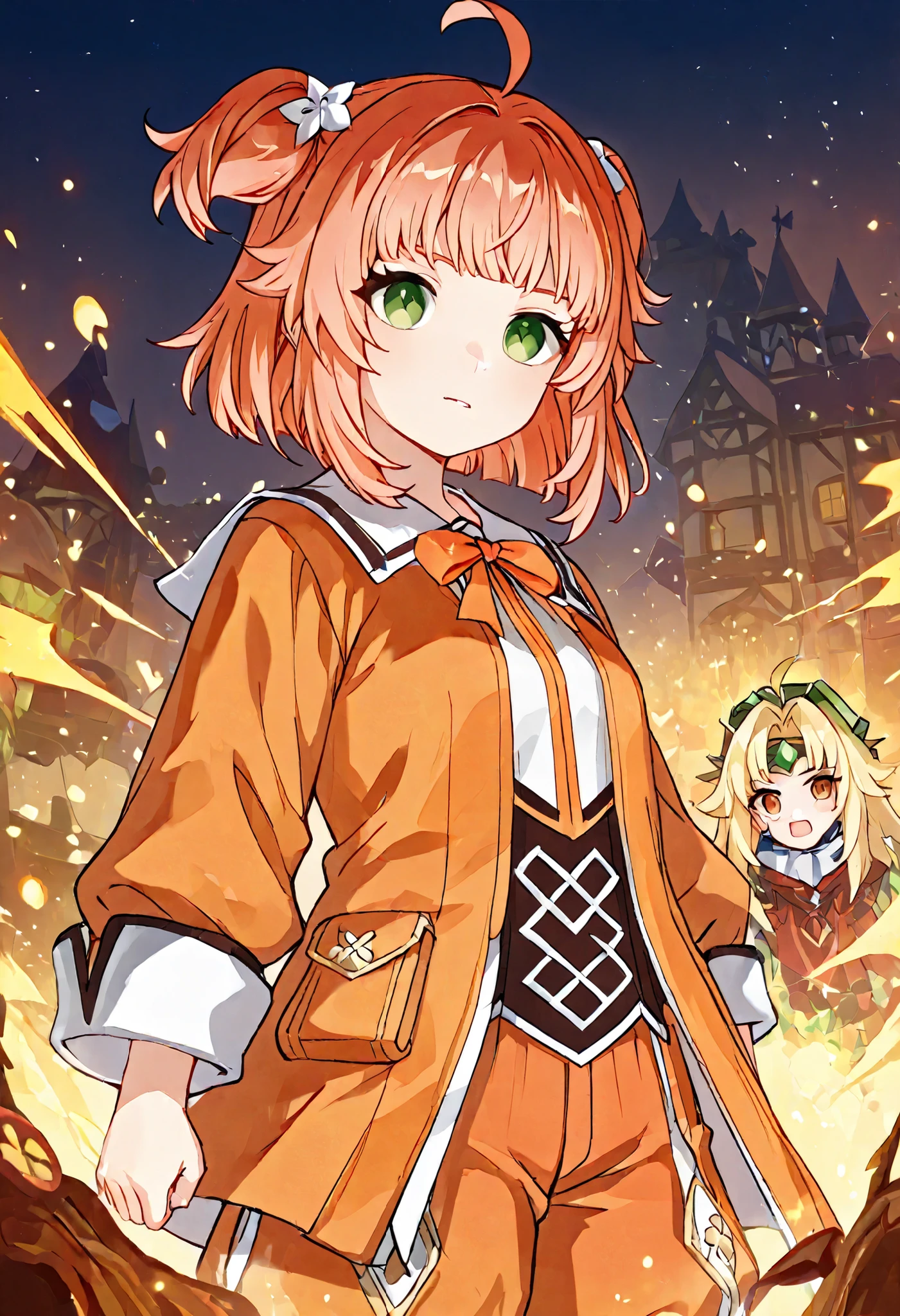 Garota, , fofa, orelha elfo, Red orange short hair, pele clara, olhos laranja, orange outfit detailed with symbol and ribbon, anime Genshin Impact
