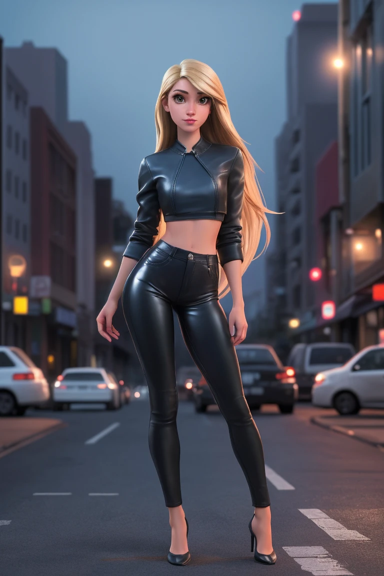 blonde, long blong hair, wearing low-cut matte black latex lingerie suit , lingersuit preto, very low-cut matte black latex, standind up, showing my belly, Low-cut black latex lingerie suit with gold detail, belly showing, walking in street, walking on the street, lingersuit latex preto, neckline showing the belly,