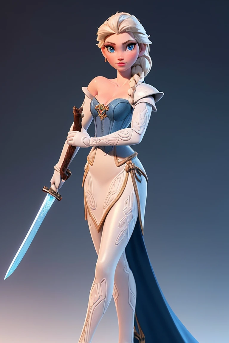 a 3D animation style model shot, fantasy art, of a Elsa from Frozen, a exquisite beautiful Elsa (masterpiece, extremely detailed, best quality), full body (masterpiece, extremely detailed, best quality), CM-Beautiful_armor wearing white armor (masterpiece, extremely detailed, best quality), latex corset (masterpiece, extremely detailed, best quality), blue dress (masterpiece, extremely detailed, best quality) , holding a fantasy long sword fantasysword sword, pale skin, blond hair, long hair, blue eyes color, jewelry, Viking village background (masterpiece, extremely detailed, best quality), best realistic, best details, best quality, 16k, [ultra detailed], masterpiece, best quality, (extremely detailed), ultra wide shot, photorealism, depth of field, 3D animation rendering,