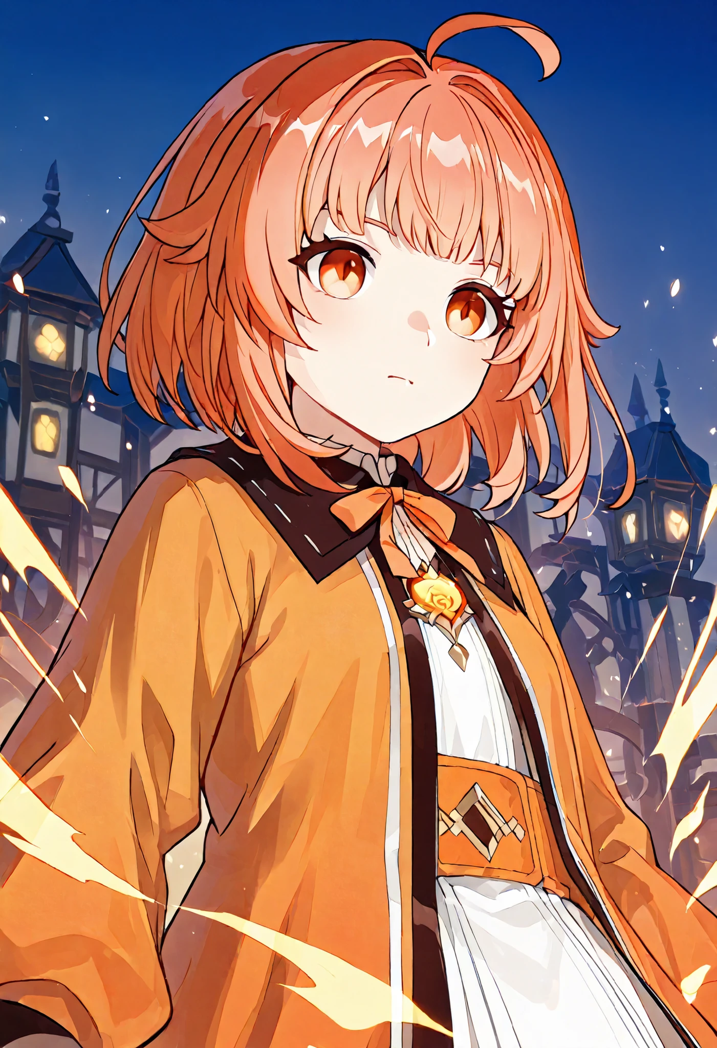 Garota, , fofa, orelha elfo, Red orange short hair, pele clara, Orange pupil eyes, orange outfit detailed with symbol and ribbon, anime Genshin Impact