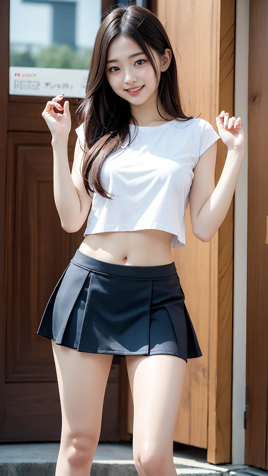 detail, realistic, smile, shot from below, facing front, black , juvenile, black hair, straight long hair, mini skirt, white naughty underwear