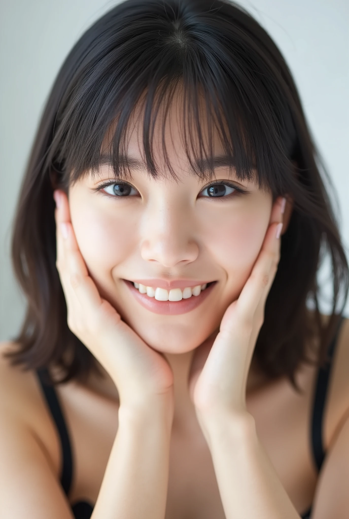 An extreme ultra close-up portrait of a stunningly beautiful young Japanese woman in her early twenties. Her face fills 95% of the frame, captured in cinematic soft lighting. She has a warm skin tone with flushed cheeks, porcelain-smooth complexion, visible soft peach fuzz, and a subtle natural sheen, like a luxury skincare advertisement.
Her expression is completely melted with affection and bashful joy — a wide, trembling smile with parted glossy lips, slightly showing her upper teeth, as if she's barely containing laughter from overwhelming happiness. Both hands gently cup her cheeks with fingers softly curved, fingertips lightly touching beneath her jaw.
She wears a simple black camisole with one shoulder strap slightly falling off, revealing delicate collarbones and emphasizing her emotional vulnerability.
Her straight black hair flows naturally with soft, airy bangs, catching light with silky highlights. Her head is tilted slightly downward with chin tucked in, posture leaning forward gently as if emotionally collapsing.
Her **eyes are huge, moist, and overflowing with sparkling emotion**:
– One eye is winking playfully, the other gazing at the viewer with a **tender, lovestruck look**
– The open eye features **multi-layered crystalline irises**, glowing softly with **bright pastel highlights**, and **heart-shaped catchlights** dancing across the surface
– Her expression feels completely lost in love: sweet, euphoric, and dopey
– Her gaze is slightly dreamy, shimmering with emotional warmth and intimate sparkle
The background is soft, white, and gently blurred with cinematic bokeh. Lighting emphasizes the glow of her skin and the emotional texture of the image. The overall look is hyperrealistic, deeply affectionate, and saturated with a helplessly sweet and bashful mood.
— Expression: melty smile, soft cheeks, emotionally overwhelmed
— Eyes: sparkly, heart-filled, gently glowing, ultra-expressive
— Lighting: cinematic soft white with golden
