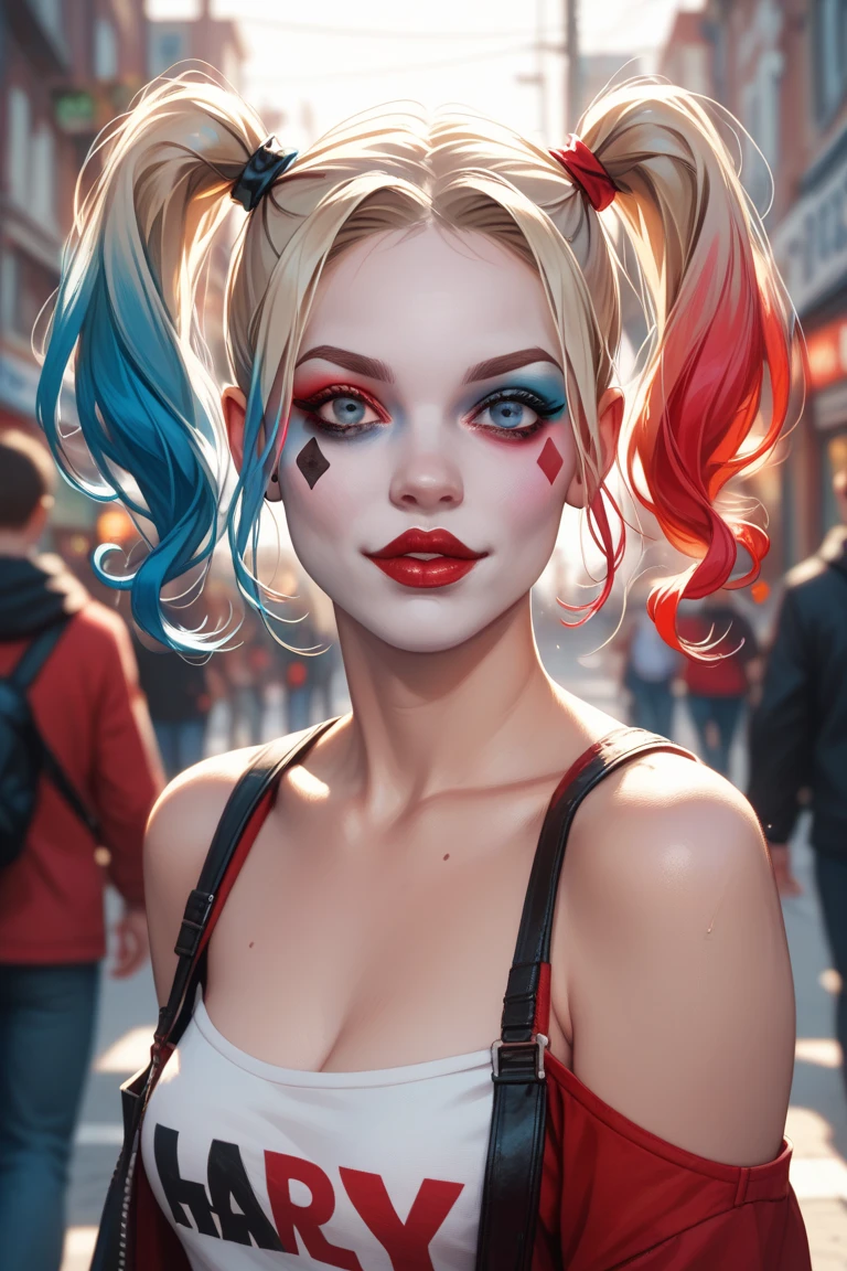 Closeup photo portrait of female Harley Quinn, atmospheric scene, masterpiece, best quality, (detailed beautiful face, detail skin texture, ultra-detailed body:1.1),