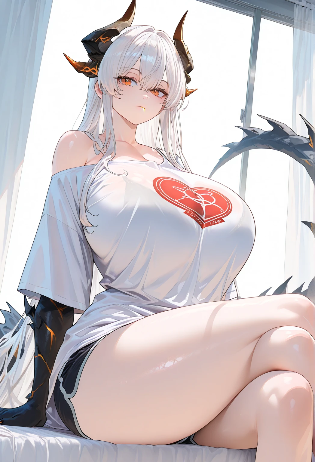 ((masterpiece)), ((best quality)), ((anime profile style)), ((HD 4k)), ((anime character)), ((sweating body)), girl, female face , happy, ((flushed)), ((dragon horns on head)), smiling, mouth, lips, ((teeth showing)), light skin, ((red snake eyes)), eyelid, pupil, sclera, Iris, eyebrow, eyelashes, ear, nose, ((hair in white red colors)), neck, shoulders, ((white shirt)), (thin waist), ((ripped pants)), ((perfect belly)), arms, ((thick legs)), ((big thigh)), background scenery, ((in the park)), beautiful day, sun, clouds, beautiful view, ((people out of focus in background)), viewer view