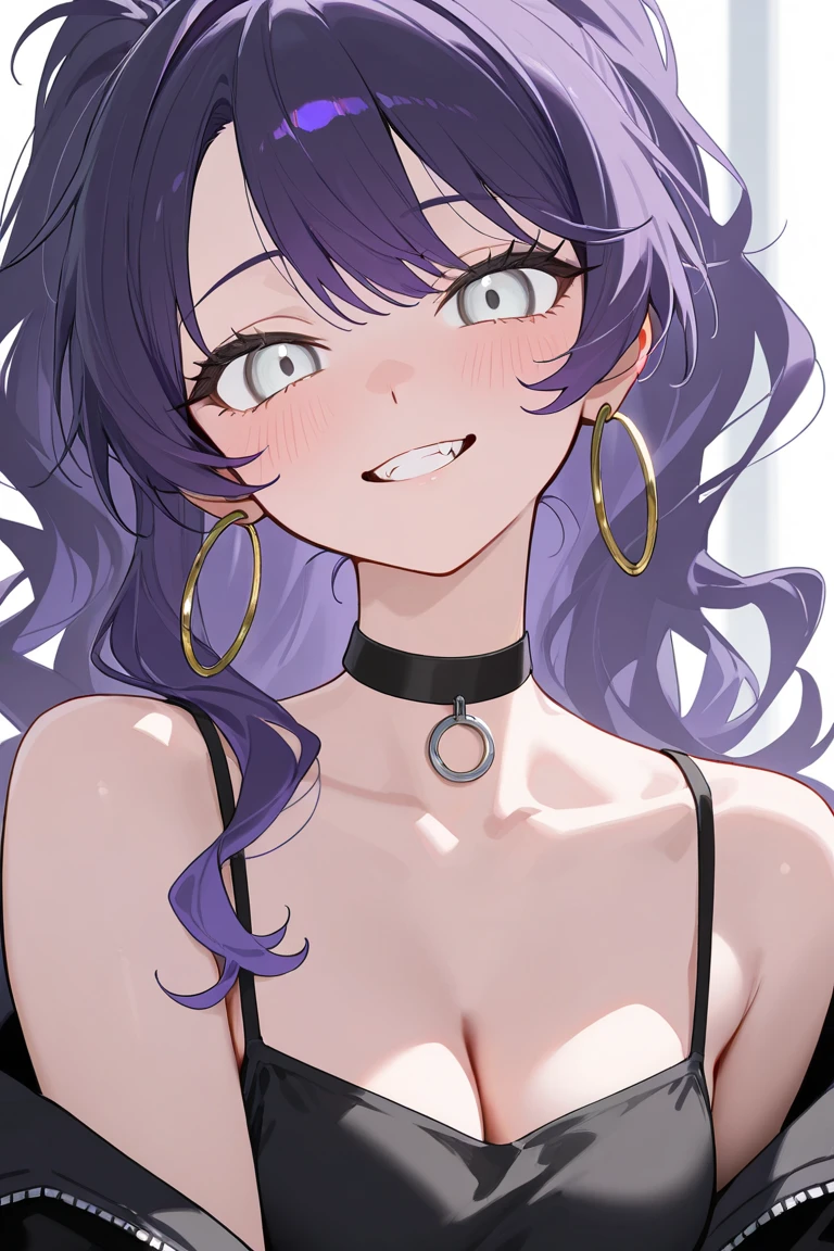 a girl with a big chest, Your hips are wide your waist is thin. She hasve a purple hair and red eyes. She's in the castle, she is smiling, her chest is marked in the black dress.