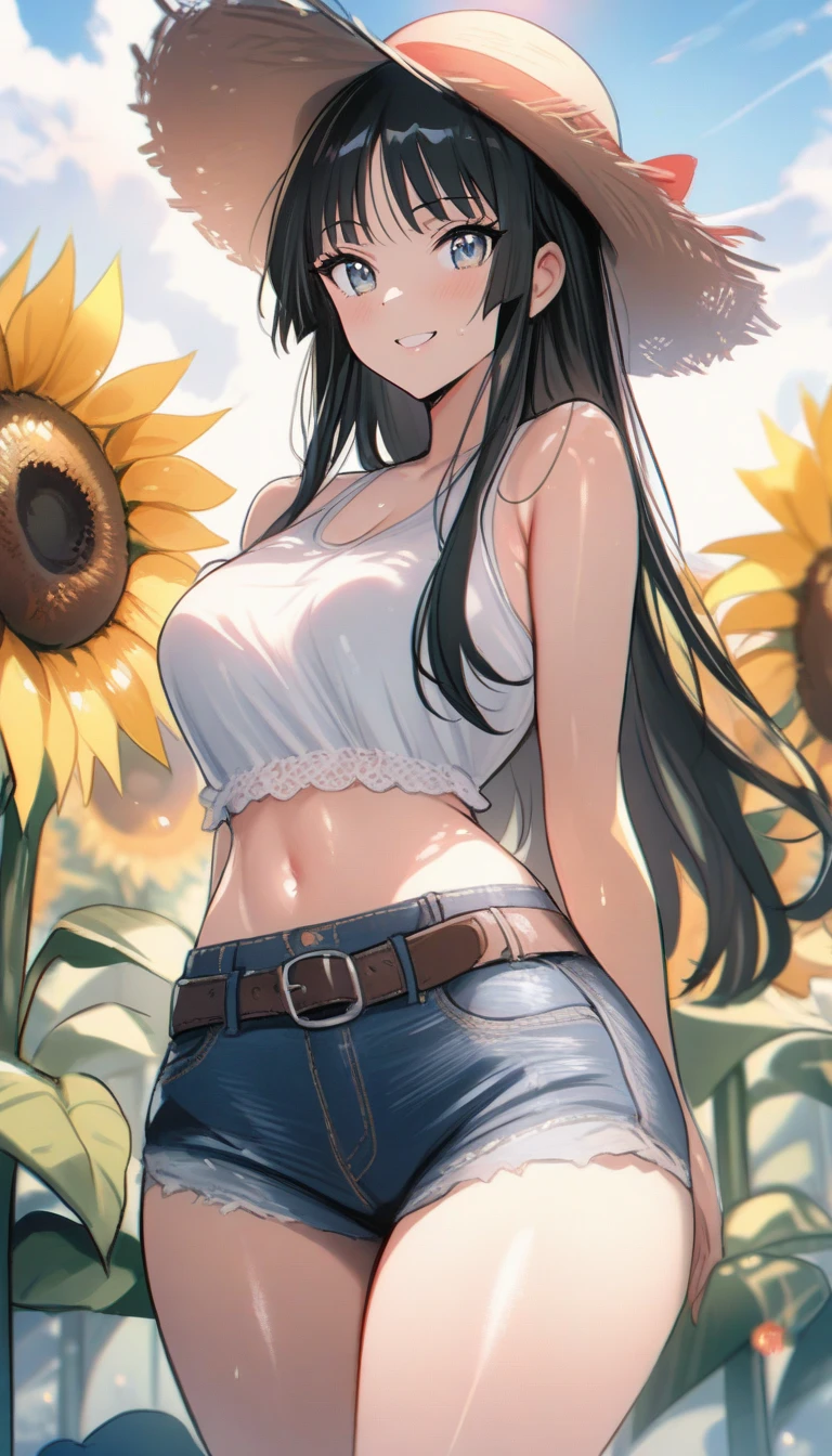 1 girl, (((raised high huge round buttocks))), Wide A sunflower field in full bloom,Back view of a woman in Translucent white thong (underwear),long shot,wide view, commercial photography,award-winning photograph,(photorealistic),unity 8k wallpaper,(ultra detailed:1.3),(light_on_face:1.4),CanonEOS 5D MarkIV DSLR