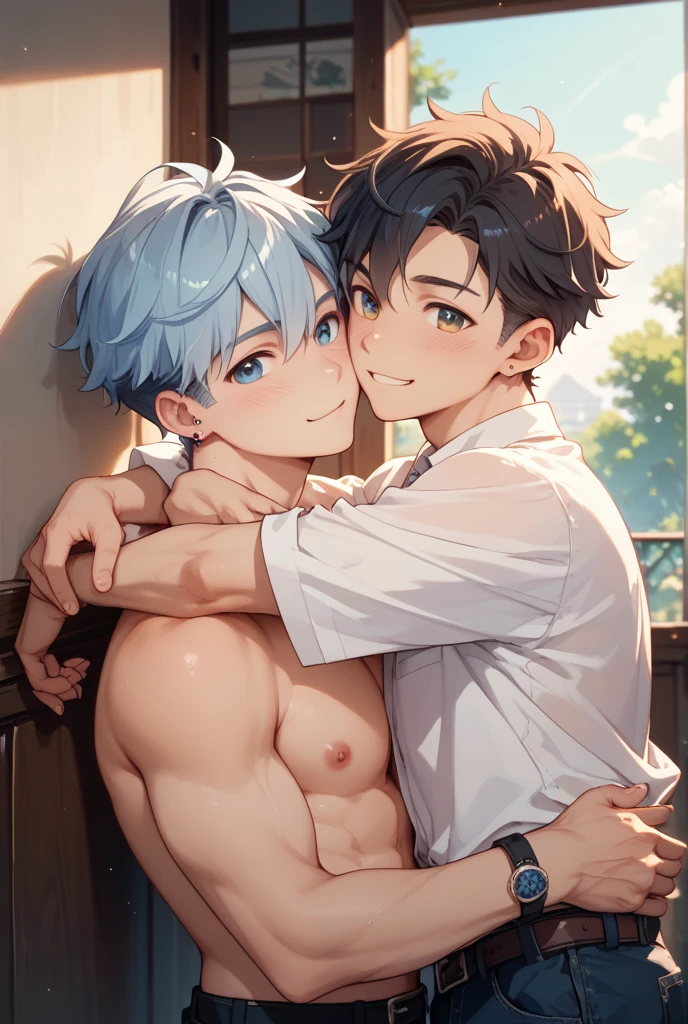 (Masterpiece), (best quality), ((super-detailed)), (shotaoni:1.5),((1 naked tini shota boy and 1 naked adult mature male)), (gay), looking at another, (The boy in power)、Adult male obeying the orders of the master boy, Pompous and smug children, cuddle, try to kiss, huge penis expose, detailed penis, big ass,