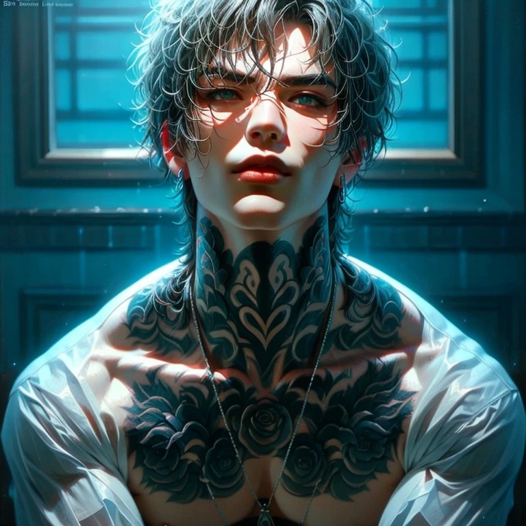 (masterpiece, best quality:1.2), handsome men with tattoo, indifferent eyes, dreamy eyes, half-closed eyes, detailed eyes, strong jawline, masculine face, cinematic background, ethereal, aesthetic, soft light, cinematic scene, cinelamic light, light effects