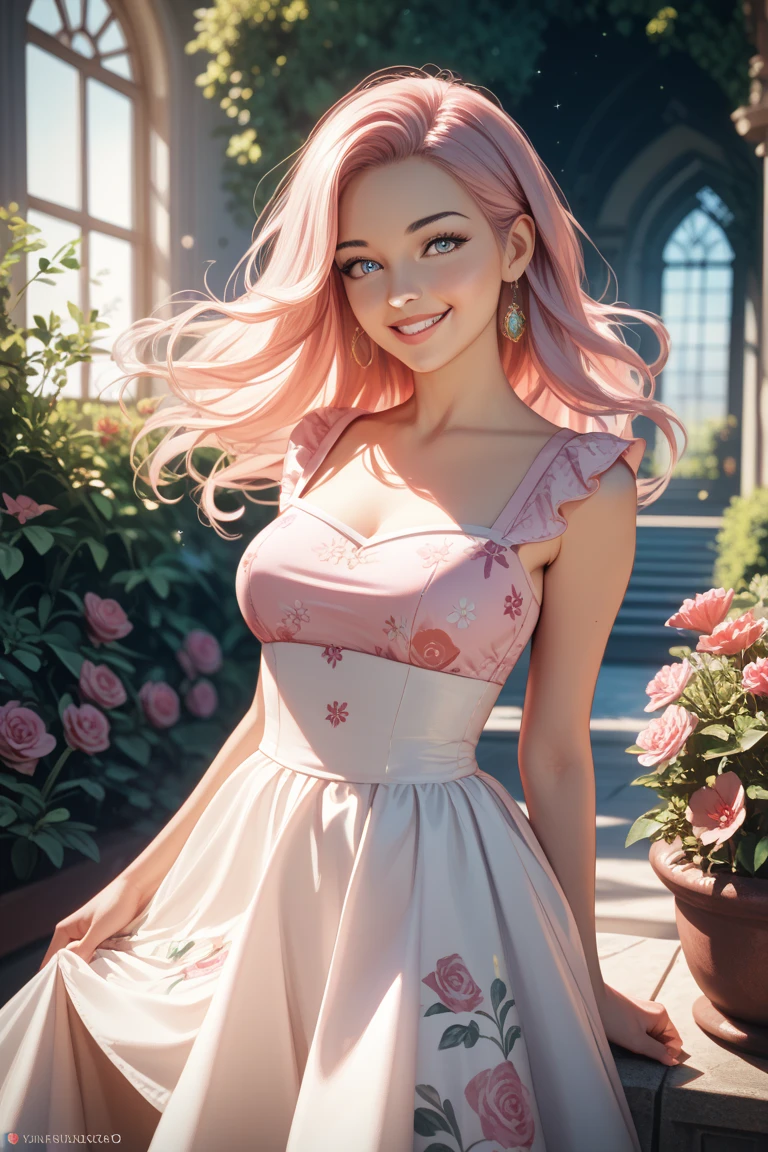digital illustation, uma garota feliz, cabelo loiro, estilo barbie, andando de bike com pneus rosa, camisa cor de rosa, Escura, olhos azuis iluminados, sorridente, Enquadramento aberto, corpo inteiro. Estilo Barbie, detalhes sobre roupas. beleza angelical, fundo neutro sem nada.