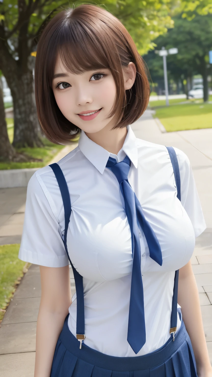 little young girl.................,, in front of the school、Connect to skirt with suspenders、White shirt with long sleeves、plaid skirt、Lori, , Sakimi-chan,, nice and cute, innocent smile, , nice smile, Sakimi-chan HDRI、loli big breasts、,(Big breasts that are about to burst:1.20),(beautiful big breasts 1:1)、brown hair、brown hairの髪、blue eyes、little girl with short bob、pose cutely