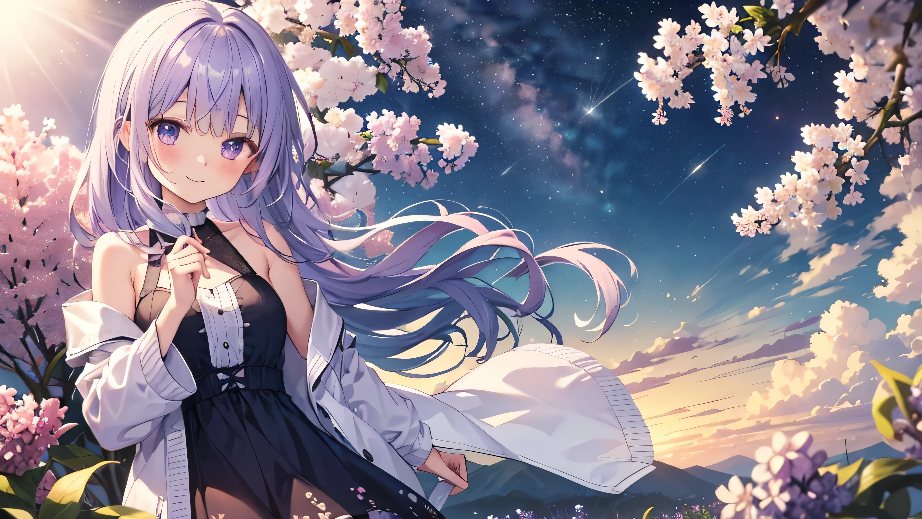 ( Highest Quality、4K、8k、 high definition、 Max Masterpiece:1.2)Lilac flowers，solo,best smiles,cute anime girl who goes deep in her throat、Rolling，long hair 、light purple hair，（white long-sleeved clothes that are less revealing），It's a lilac sky when the stars appear at dusk，Under the Endless Sky, Lilacs Bloom in Full Bloom,Lilacs Bloom