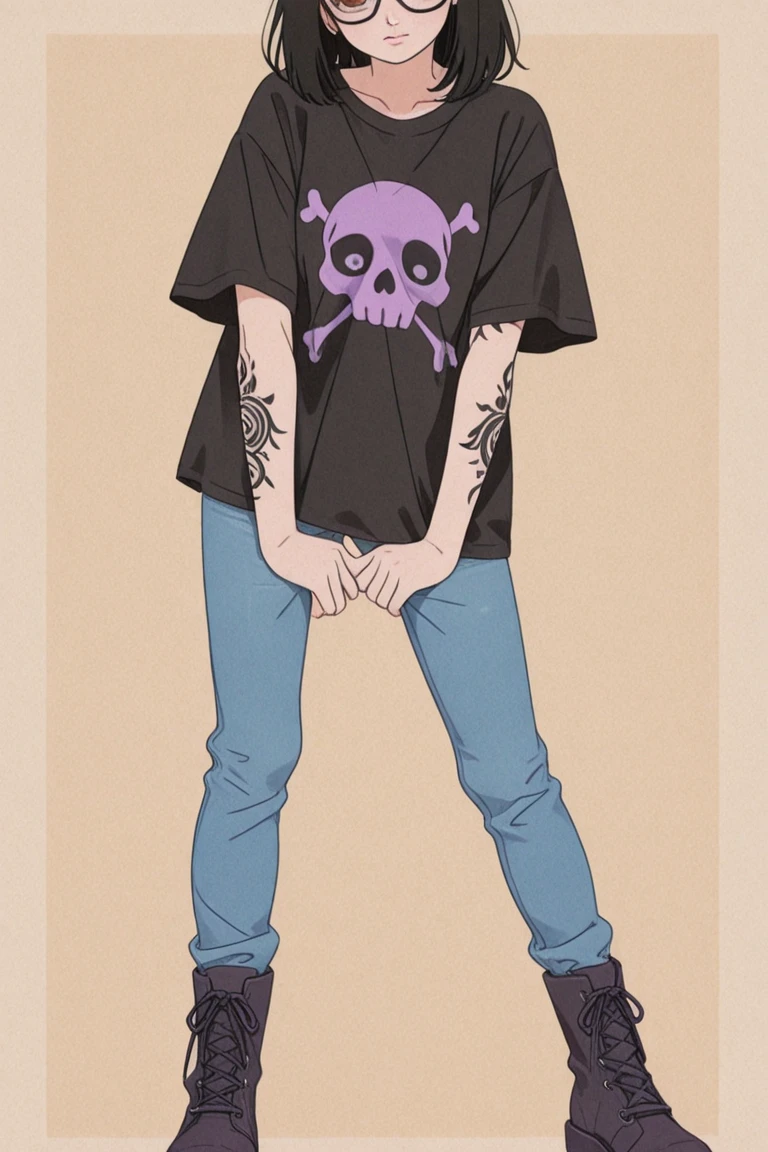 Make me a white boy with red hair in the female Muller style,blue eyes is black,with a strawberry earring ,a nose piercing with a collar necklace with a long blouse with a skull on the front, black cargo pants and an ALL star in the 2d style