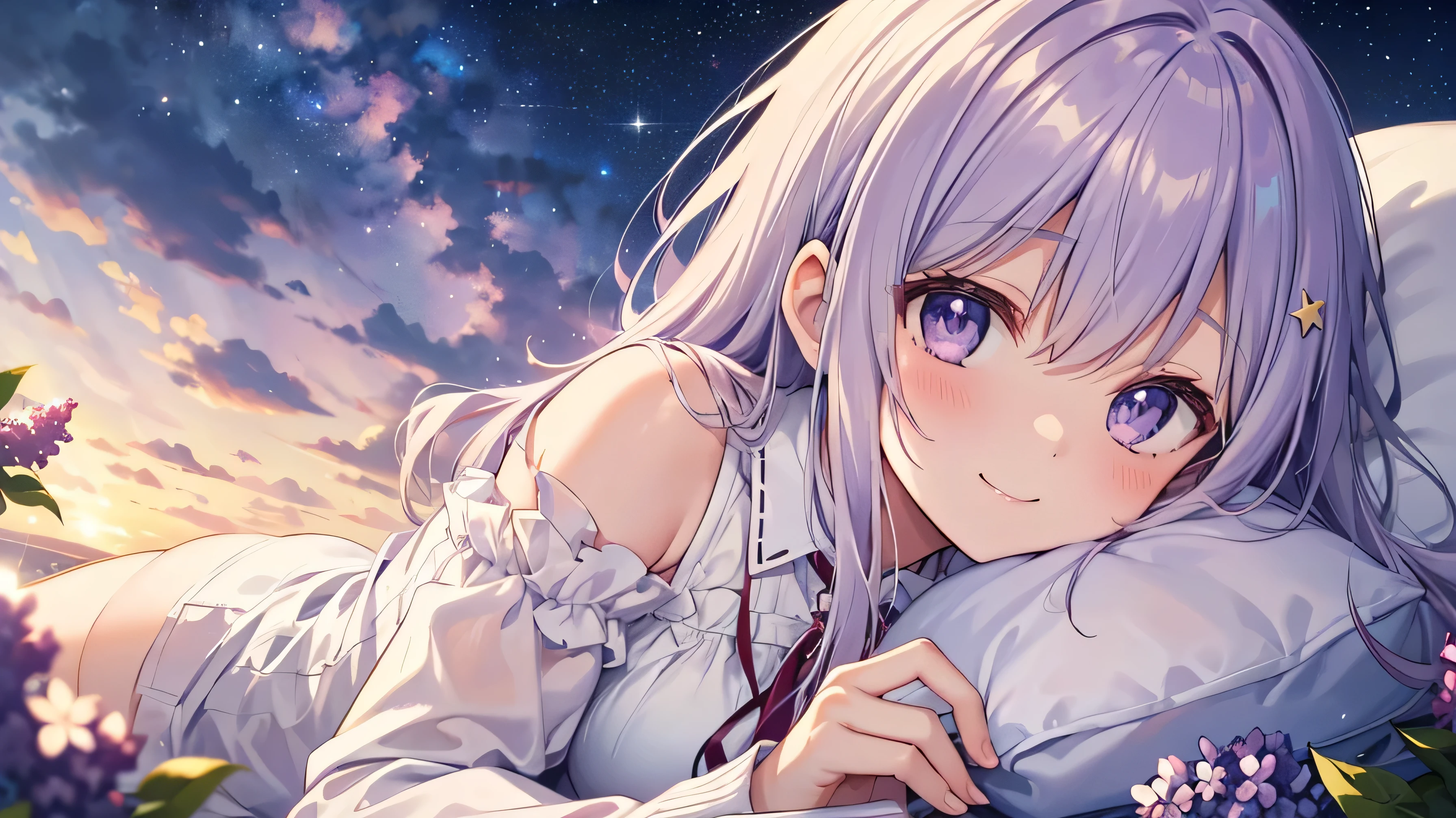 ( Highest Quality、4K、8k、 high definition、 Max Masterpiece:1.olo,best smiles,cute anime girl who goes deep in her throat、on my pillow,long hair 、light purple hair,(white long-sleeved clothes that are less revealing),Lilac Sky: The Untold Story Every Time My Heart Beats、When the Stars Appear at Dusk,Under the Endless Sky, Lilacs Bloom in Full Bloom,Lilacs Bloom