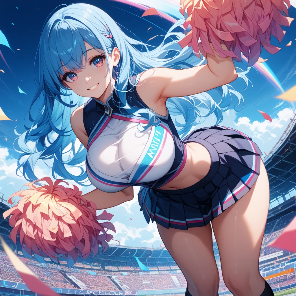 very cute and beautiful cheerleader girl,(very detailed美しい顔と目),(holding pompoms in both hands),(smile),(Rem,Re:zero,Big),Cat ear,
(Stadium Stand),cowboy shot,dynamic pose,(sleeveless shirt),beautiful feet,belly button,dynamic angle,(blue hair,short hair),
(highest quality,masterpiece:1.2),intricate details,very detailed,super detailed,High resolution,looking at the viewer,
Natural light,hair blowing in the wind,beautiful and detailed sky,