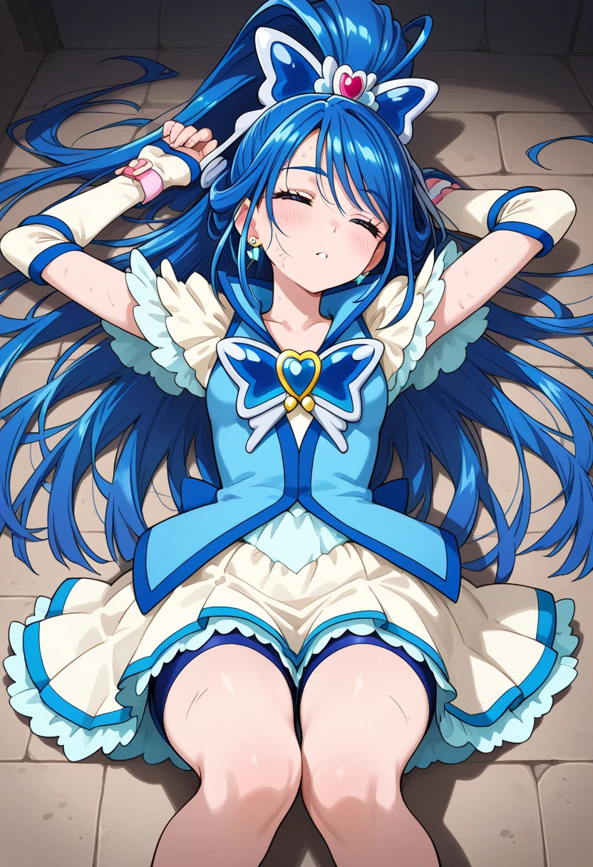 ((highest quality, masterpiece, disorganized) ，cure beauty，Precure，sleeping face up in bed，Crab crotch，please show me your boots , 14 years old,long hair, hair with volume, hair loss, expressive eyes,view of other buildings ,defeat，detailed description，solo 1 girl，full body shot，