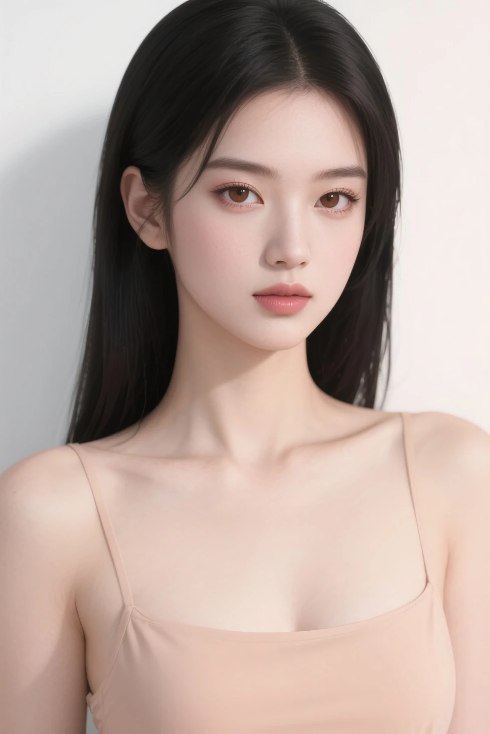 A stunning masterpiece, realistic and top quality depiction of a beautiful girl with a perfect body, professionally posed with shiny, natural skin. This surreal portrait captures the essence of youth and beauty, with simple details. beautiful, neat black hair.