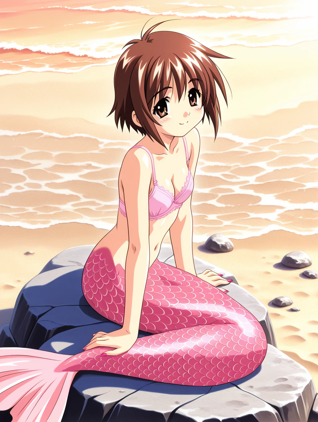Sakura Kinomoto on the beach in a very tight bikini, showing her breasts, colorful image, with a black cat