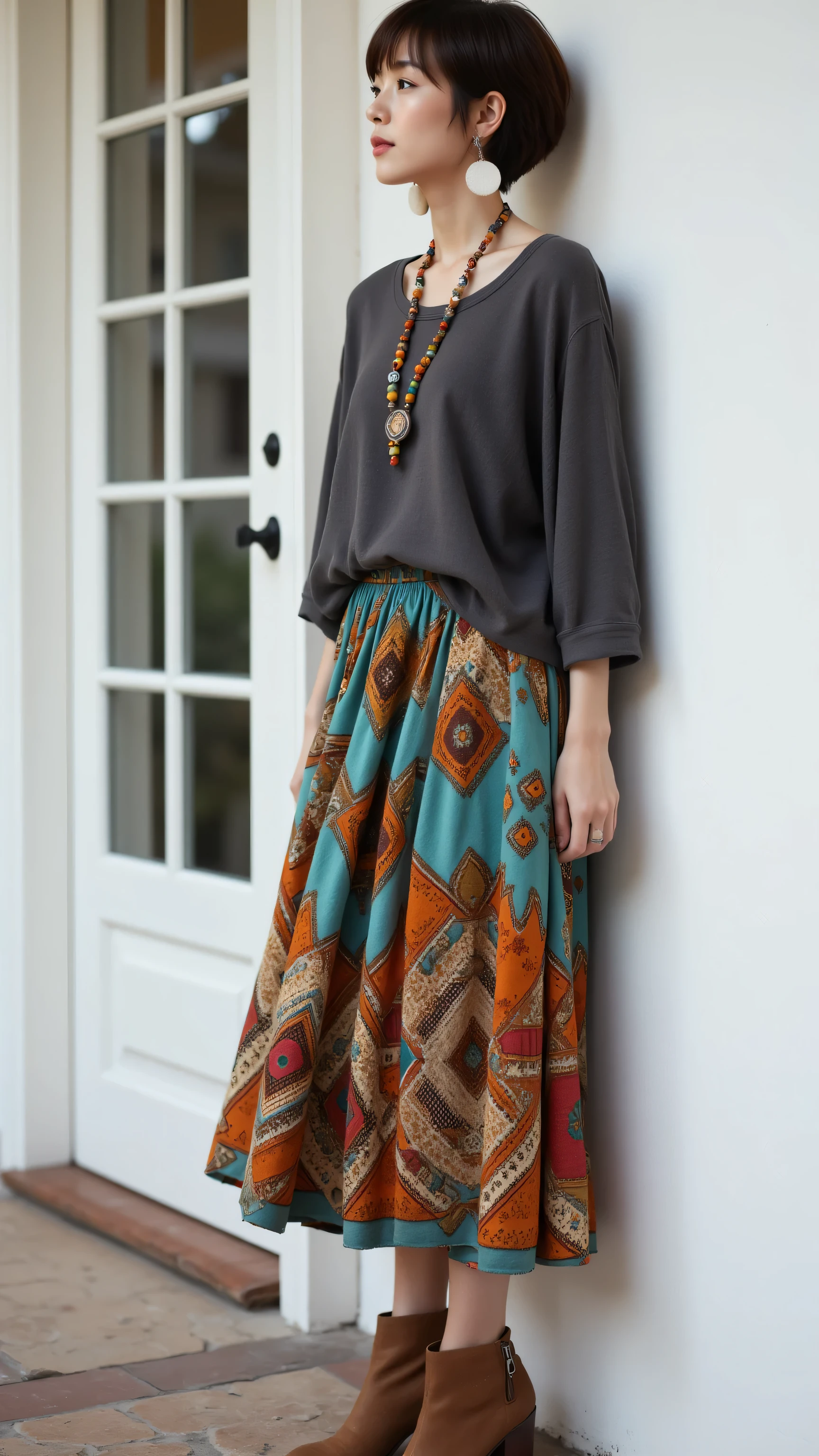 8k, Masterpiece, Top Quality, full shot, beautiful Korean woman, textured brown pixie cut, relaxed contemplative pose looking off to the side, leaning gently against a white wall beside a door, wearing a loose-fitting dark grey linen top and a voluminous midi skirt with a vibrant geometric bohemian pattern (teal, orange, red accents), brown ankle boots, adorned with a long multi-strand beaded necklace in earthy tones and large white circular statement earrings, soft natural diffused light, simple setting with a white wall and white door with glass panes.

