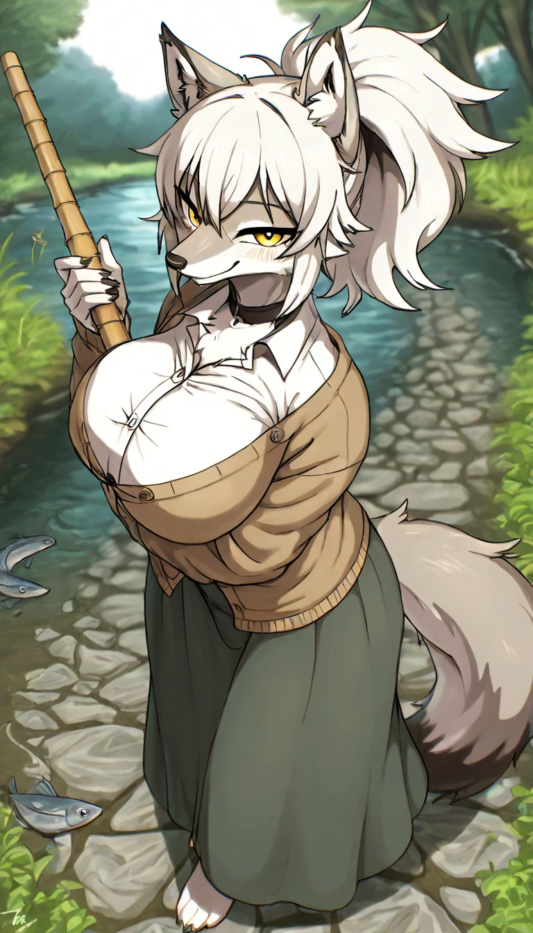 1fille, high resolucion, mise au point nette, pixiv masterpiece, ((Intricate details)), highly detailed, borgne, cheveux gris, oreilles de chat, bandeau rouge, musculaire, Pantalon vert,Muscular girl, enormous breast, full body, holding saber, pants,smile, flipflops,, vest,long hair, dogtail,, medieval village