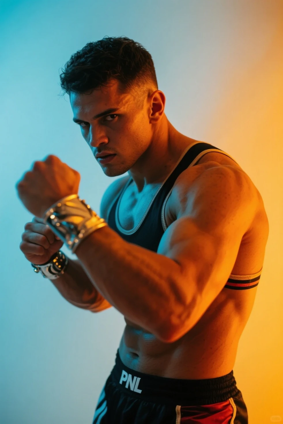 shirtless, sweat-drenched, covered with sweat, sweating profusely, 21-year old short black hair handsome caucasian male, open white shirt, boxing gloves, tattered jeans, sneakers, fighting thugs
