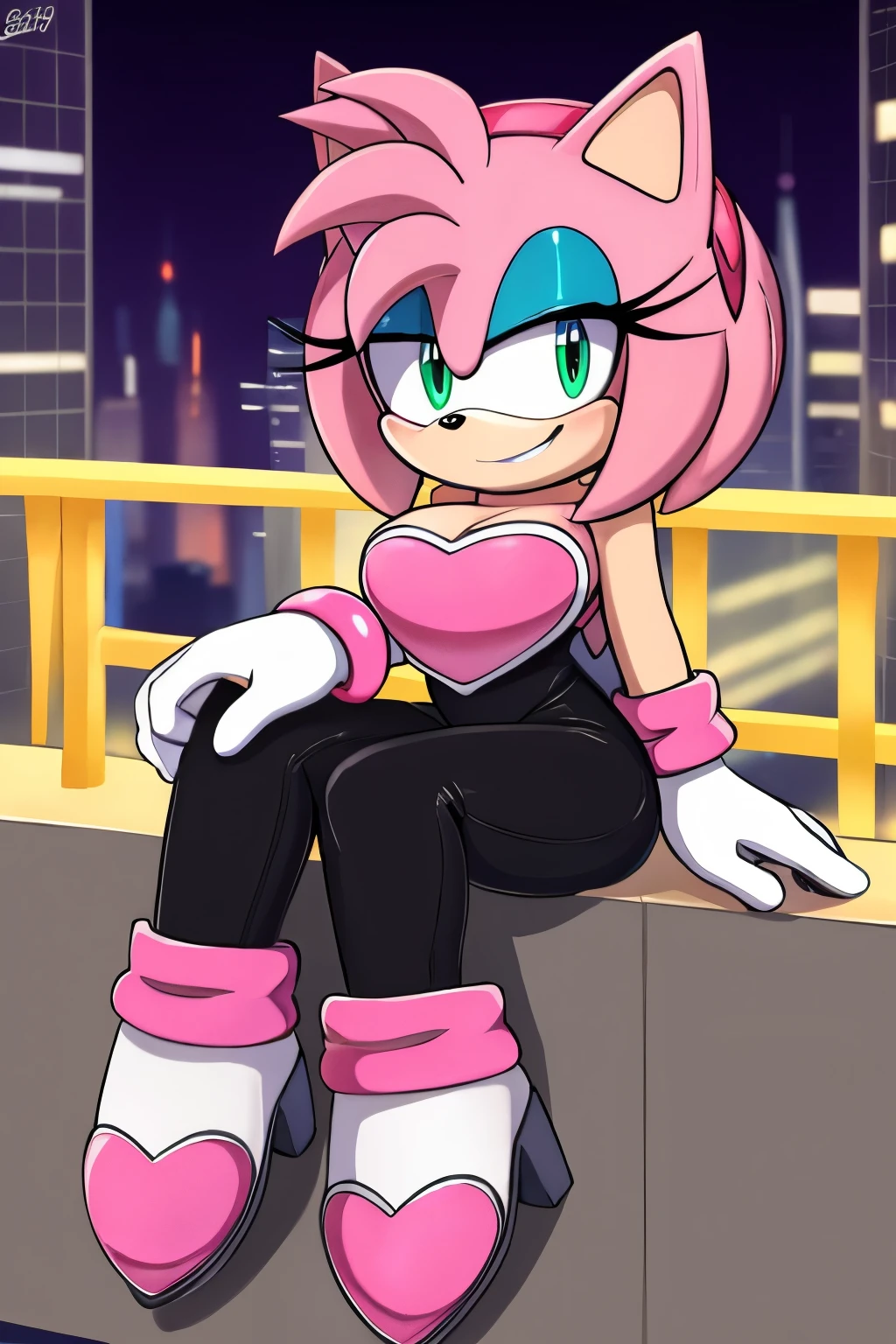score_9, score_8_up, 2D, flat color, looking at viewer, (1girl), (solo), very detailed, extremely detailed, Amy Rose from the sonic the hedgehog series, portrait, smile, looking at viewers, hair down, hair bangs, large bust, milf, Rouge cosplay, cosplay, Rouge outfit, she wears a black skin-tight and strapless low-cut jumpsuit, a pink heart-shaped chest plate outlined with thin white trim, elbow-length white gloves with pink cuffs, standing at the city leaning right armpit by taking a picture, selfie