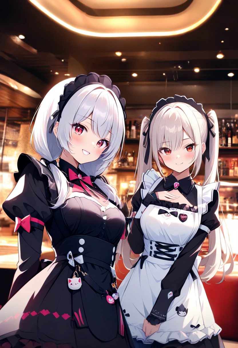 (masterpiece, best quality), best resolution, (3heads:1.5), (four arms), ((4arms)), ((double cleavage)), ((tribreasts)), (1girl), (solo), (female focus), (ahoge, white hair, short hair), black eyes, light smile, open mouth, ((white shirt), (buttoned shirt), (button gap)), ((black skirt), (short skirt)), standing, white background, arms behind back, dynamic angle, red eyes