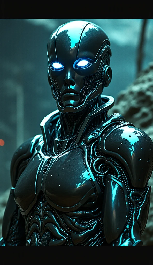 A powerful robot with fascinating armour and glittering blue rays power.