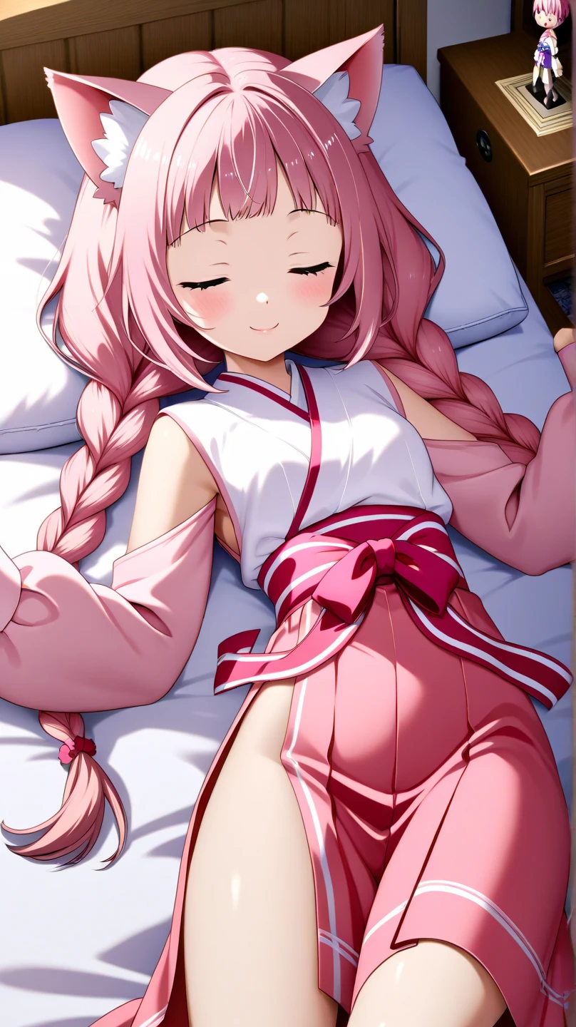Anime manga girl, with pink hair, in braids hair, Visible, Wearing a yukata, Lie down in bed，panting，The thighs are all exposed
