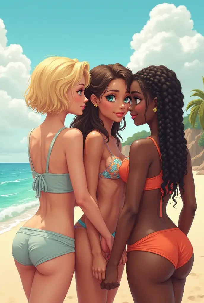 full color 2.5d rendering, masterpiece, detailed faces, spring break, candid photograph of a gorgeous blonde and her black friend on the beach