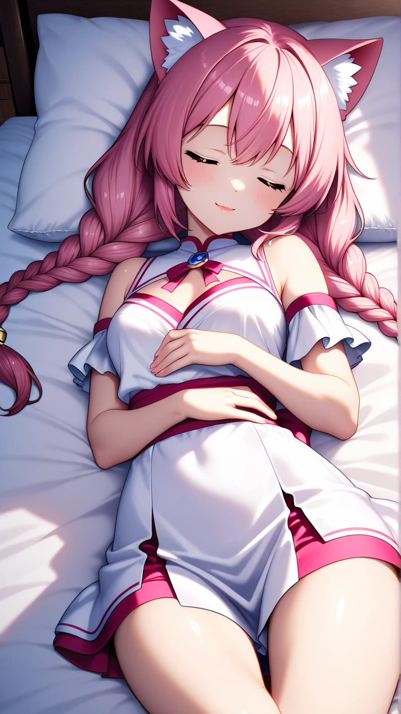 (looking at the viewer: 1.1), Smiles, alone, thin, nino nakano, (blue eyes: 1.1), ((butterfly hair ornament)), (hair ornament), (headband), pink hair, blunt bangs, (long hair), (big breasts: 1.1), 1 girl, alone, pillow hug, object hug, blush, sleep, eyes closed, (pajamas), pants, ass, indoors,bed,pillow,sheet,in bed,lying,side,from above,