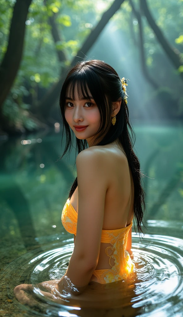 8K, masterpiece, RAW Photos, Highest quality, photoRealistic, 非常に詳細な CG ユニテ8K 壁紙, Depth of written boundary, Cinematic Light, Lens flare, Ray Tracing, (Very beautiful face, Beautiful Lips, Beautiful Eyes), Exquisitely detailed face, ((Highly detailed skin)) One girl, In the Dark, Deep Shadow, Cute Asian Girl, Idol, 1 Girl, (Very slim, toned and muscular body:1.3), ((View your viewers)),((大きなsmile:1.3)), (Highest quality,Super detailed,Realistic:1.37),Portraiture,Beautiful girl,like々Female Models,Riverbank and ((rock)),Cute Girl Clothes 4, Orange Gemini dress in silky satin ,jewelry, Stand under the waterfall,Standing posture, rockの横に立つ,Soaking wet,masterpiece,Very detailed explanation,Ultra-fine painting,Detailed face,Slim figure,Long legs,Water Play,smile,明るいsmile