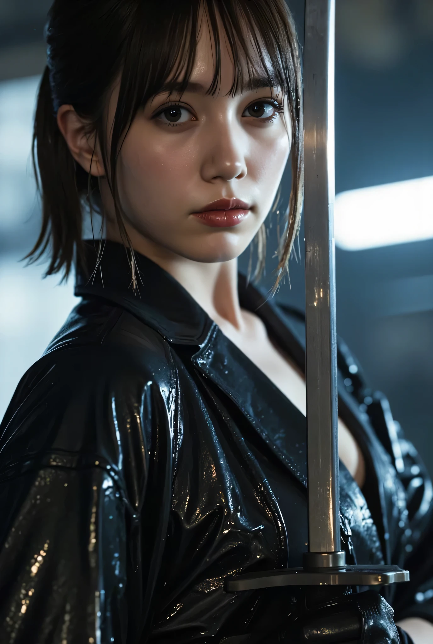 (((inside the dark spaceship Nostromo:2.0))),(((HR Gigger-style cyberpunk atmosphere:2.0))),(((holding one cyberpunk-style Japanese sword with both hands:2.0))),((Fighting spirit:1.7)),((full body to toe:2.0)),One woman,(cute face),(Beautiful well-balanced face ),(wavy black hair:1.5),(beautiful eyes on my stomach:1.3),glamorous shot of a 20-year-old Japanese woman with her lower breasts sticking out,Beautiful slender body,((model body type:2.0)),((slim body:1.7)),PERFECT BODY LINE,ideal proportions,((big breasts:2.0)),((スリーサイズ90-58-86:3.0)),((F cup breasts:1.5)),Big Breasts,Bare thighs,Sensual Thighs,delicate body,(muscular:1.7),harmonious posture,((Realistic breast depiction :1.7)),carefully depicts limbs based on perfect anatomy,((Futuristic Samurai Style Black Super High Leg Leotard:2.0)),((Super high-leg leotard:2.0)),((Military coat style black kimono with the front open on top of a leotard:2.0)),((Tactical Holster:1.5)),(gloves:1.3),((((Coarse mesh fishnet stockings:2.0)))),Concept Art,(Highest Quality:1.5),(masterpiece:1.5),(超高resolution),resolution,UHD,(delicate depiction),carefully drawn,32k,((realistic skin texture:1.5)),(((super realistic:1.5))),carefully draw eyelashes,Highly Detailed Faces,Highly detailed female hand, Sexy appearance ,very sensual,(Blurry Dim Backgrounds :1.5),Professional Photography,(movie lights:2.0),((Blade Runner style lighting:2.0))
