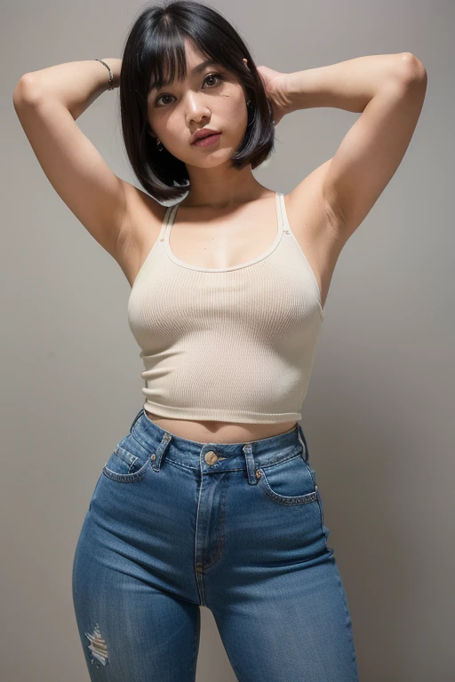 21yo girl, bob Hair. (Wearing gray t-shirts, denim short pants). natural big breast, show big thigh, plump body. Standing pose. Gray background