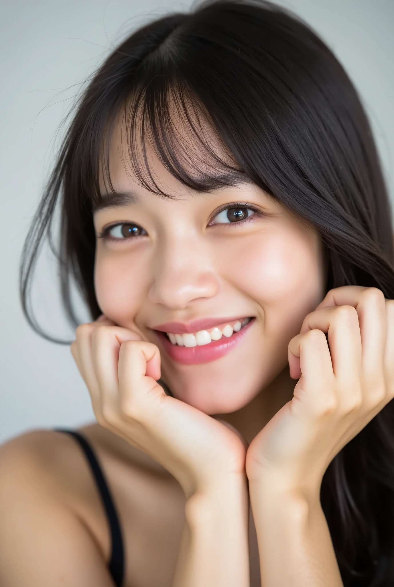An extreme ultra close-up portrait of a stunningly beautiful young Japanese woman in her early twenties. Her face fills 95% of the frame, captured in cinematic soft lighting. She has a warm skin tone with flushed cheeks, porcelain-smooth complexion, visible soft peach fuzz, and a subtle natural sheen, like a luxury skincare advertisement.
Her expression is completely melted with affection and bashful joy — a wide, trembling smile with parted glossy lips, slightly showing her upper teeth, as if she's barely containing laughter from overwhelming happiness. Both hands gently cup her cheeks with fingers softly curved, fingertips lightly touching beneath her jaw.
She wears a simple black camisole with one shoulder strap slightly falling off, revealing delicate collarbones and emphasizing her emotional vulnerability.
Her straight black hair flows naturally with soft, airy bangs, catching light with silky highlights. Her head is tilted slightly downward with chin tucked in, posture leaning forward gently as if emotionally collapsing.
Her **eyes are huge, moist, and overflowing with sparkling emotion**:
– One eye is winking playfully, the other gazing at the viewer with a **tender, lovestruck look**
– The open eye features **multi-layered crystalline irises**, glowing softly with **bright pastel highlights**, and **heart-shaped catchlights** dancing across the surface
– Her expression feels completely lost in love: sweet, euphoric, and dopey
– Her gaze is slightly dreamy, shimmering with emotional warmth and intimate sparkle
The background is soft, white, and gently blurred with cinematic bokeh. Lighting emphasizes the glow of her skin and the emotional texture of the image. The overall look is hyperrealistic, deeply affectionate, and saturated with a helplessly sweet and bashful mood.
— Expression: melty smile, soft cheeks, emotionally overwhelmed
— Eyes: sparkly, heart-filled, gently glowing, ultra-expressive
— Lighting: cinematic soft white with golden