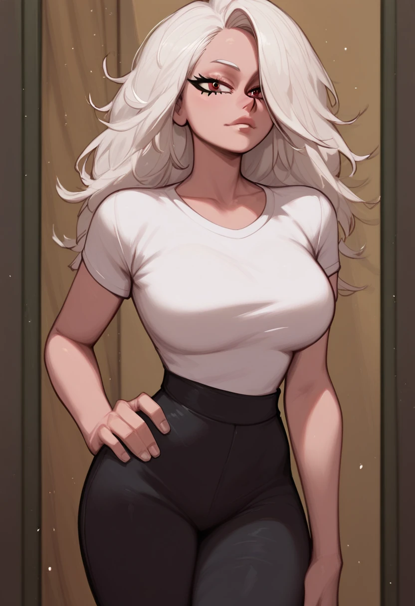 ((By inu-sama)), solo, female, (hair, snout), labrador, hair over eyes, bored, tall, looking at viewer, tight pants, polo shirt, standing, wide hips