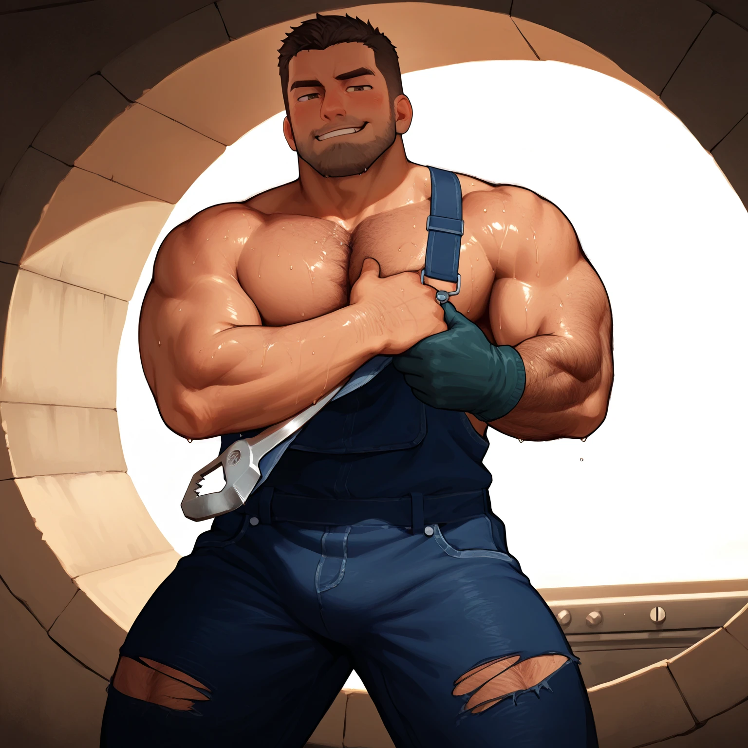 george pei, 1boy, solo, mature male, masterpiece, round face, short beard, stumble, glasses, stocky body, gay bear, big chest, muscular, ((best quality)), ((masterpiece)), ((realistic)),Disney,animation,8k wallpape,A handsome 30-year-old muscular male,broad shoulders,(fat body),puffy nipple,musclebears,chubby,large pectorals,
mechanicoveralls,naked overalls,gloves,holding wrench,goggles on head,backwards hat,in front of off-road vehicle,
relaxed,earrings,dog tag,spread legs,thick thighs,masterpiece,best quality,highly detailed,perfect lighting,