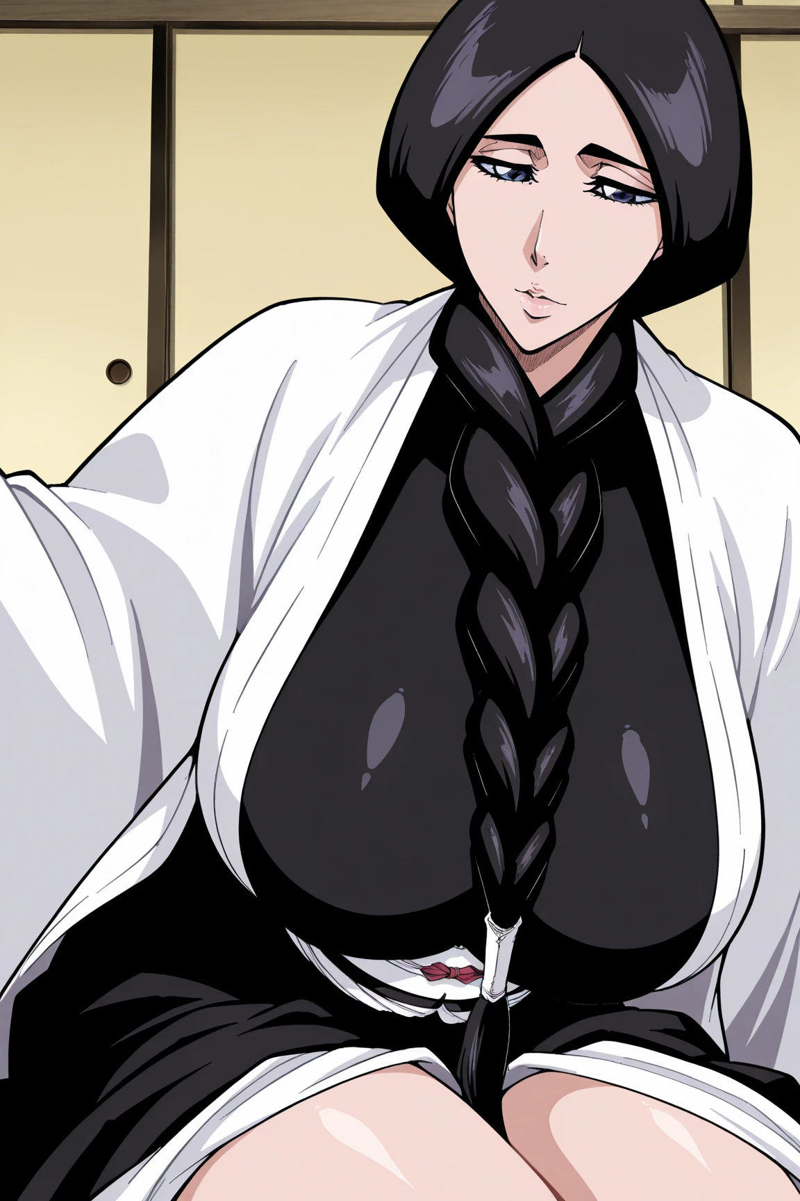 1girl, unohana(Bleach), sweat, breasts, solo, black_hair, braid, sweat, long_hair, round_huge_breasts, cleavage, wooden_wall, sash, smile, japanese_clothes, collarbone, parted_bangs, transparent_kimono, nipples, blush, looking_at_viewer, upper_body, very_long_hair, open_clothes, black_eyes, bangs, black_sash, single_braid