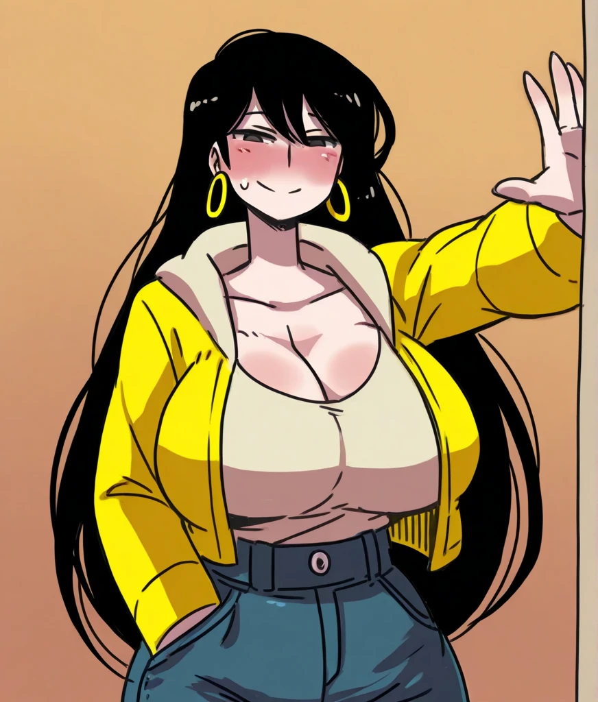 cool posee,Score12, black hair, long hair,yellow sweater,voluptuous