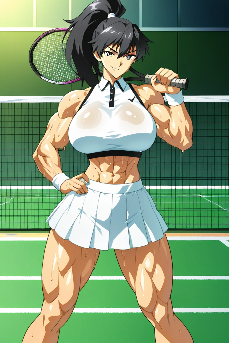 Kagome Higurashi, mai shiranui from the king of fighters, 1girl, solo, beautiful detailed eyes, ultradetailed eyes, extremely detailed face, perfect lighting, long black hair, golden eyes, 25yo, Japanese mature female, wearing a red short kimono, hair_ribbon, japanese_clothes, kimono, large_breasts, long_hair, cleavage, matured face, teeth, grin, arrogant smile, big hips, full body view, athletic body, (Curvy:1.35), fighting stance, defensive pose, dynamic pose, martial arts, female fighter, ((Master piece)), best quality, 1girl, bangs, bare_shoulders, blue_sky, cloud, cloudy_sky, day, fence, looking_at_viewer, obi, railing, red_hakama, red_ribbon, ribbon, sash, shouji, sky, sliding_doors, solo, tree, veranda