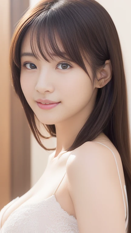 Highest quality, (beautiful)、Completely naked、Nipples、Full view of 、Brown Hair、Looking into the camera、Upper Body、Ultra Close-Up、Soft Breasts、Big breasts smile