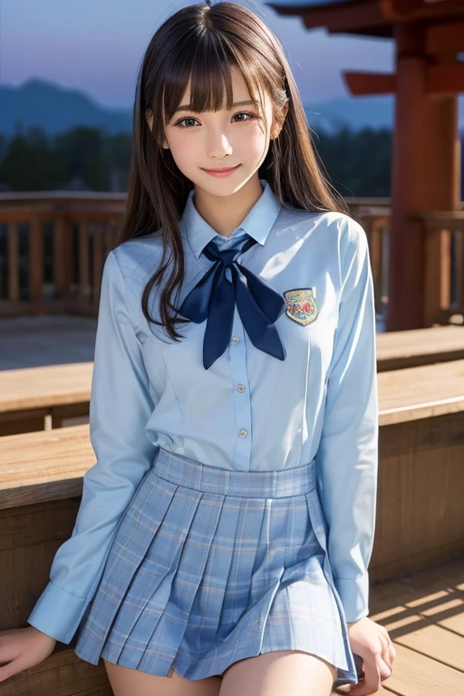 (highest quality、masterpiece:1.2)、highest quality、realistic、photograph、High resolution、1080p、8K、Pale, rough skin、The face is especially pale., physical rendering、((Height: 148cm)), one Japanese girl、Japanese junior high school student sitting on a luxurious pink bed、cute japanese girl, , , (((big very detailed beautiful dark brown eyes))), ((blue girly large wine-red glossy polyester Japanese school ribbon bow tie)), ((((very beautiful black long braids hair)))), ((((deep blue colored tartan checkered formal long pleated pleated skirt)))), ((Shiny beige blouse)), (((Looking at the viewers with loving eyes, smiling))), Very fun, ((((Very happy)))), mouth is open, The big skirt is very cute, detailed fingers, modest chest, ((curled bangs)), so beautiful, long eyelashes, ((Very big and very very very cute eyes of a Japanese girl)), ((large pupils)), double eyelids, The entire skirt is photographed, Very cute face, thin eyebrows, ((drooping eyes)), ((long eyelashes)), maximum smile, ((The pure white light hits her face from the front, making her skin and eyes shine beautifully.)), (((((A clean and intelligent appearance))))), shot from the side