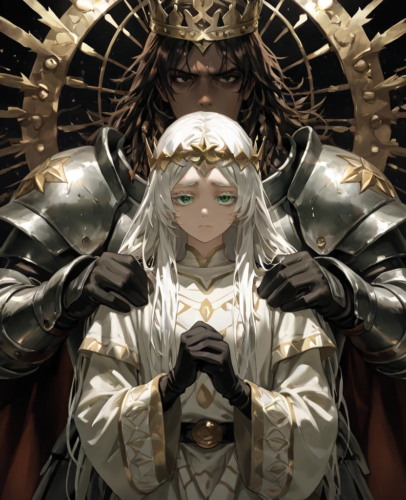 woman, blue eyes, long hair, white hair, mature, god eyes, diamond earings, glowing right eyes, two colors eyes, purple eyes, golden armor, injured, blood, dead, tears, glowing eyes, determination