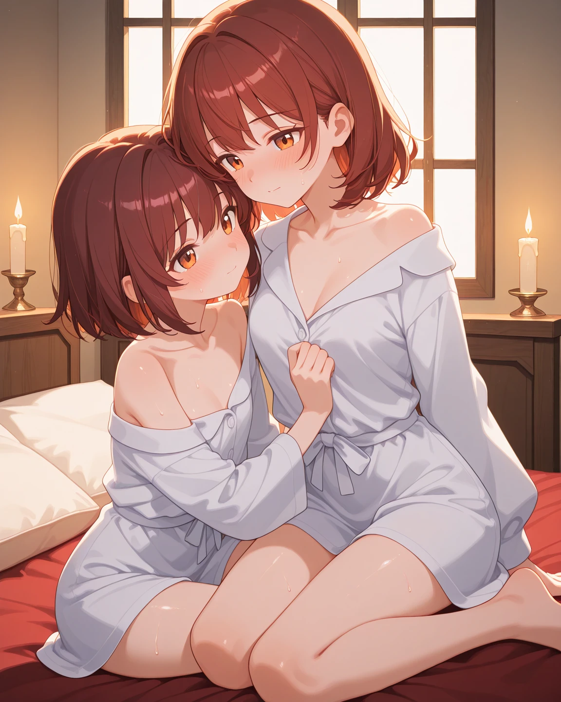 (Highest quality), (masterpiece), highly detailed, Ultra-high resolution, 2 girls, Mikasa sisters sleeping side by side, close together, On the left side of the bed, MikotoMikasa is sleeping without realizing it while I insert my penis into her and have sex with her. I am caressing the vagina of MikotoMikasa who is sleeping in a tight camisole with my right hand while inserting my penis into her., whole body, Eyes that are uniform in shape, Sleeping with both eyes closed, Brown Hair, Short hair with the right side parted and the hair swept back, Short hair with the nape of the neck flipped outwards, Short side hair, She has a full head of pubic hair, Beautiful Vagina, White semen is spilling out from the gap between her vagina and my penis inserted in her vagina., A small cross-section of a uterus with a penis expelling semen in the background,
