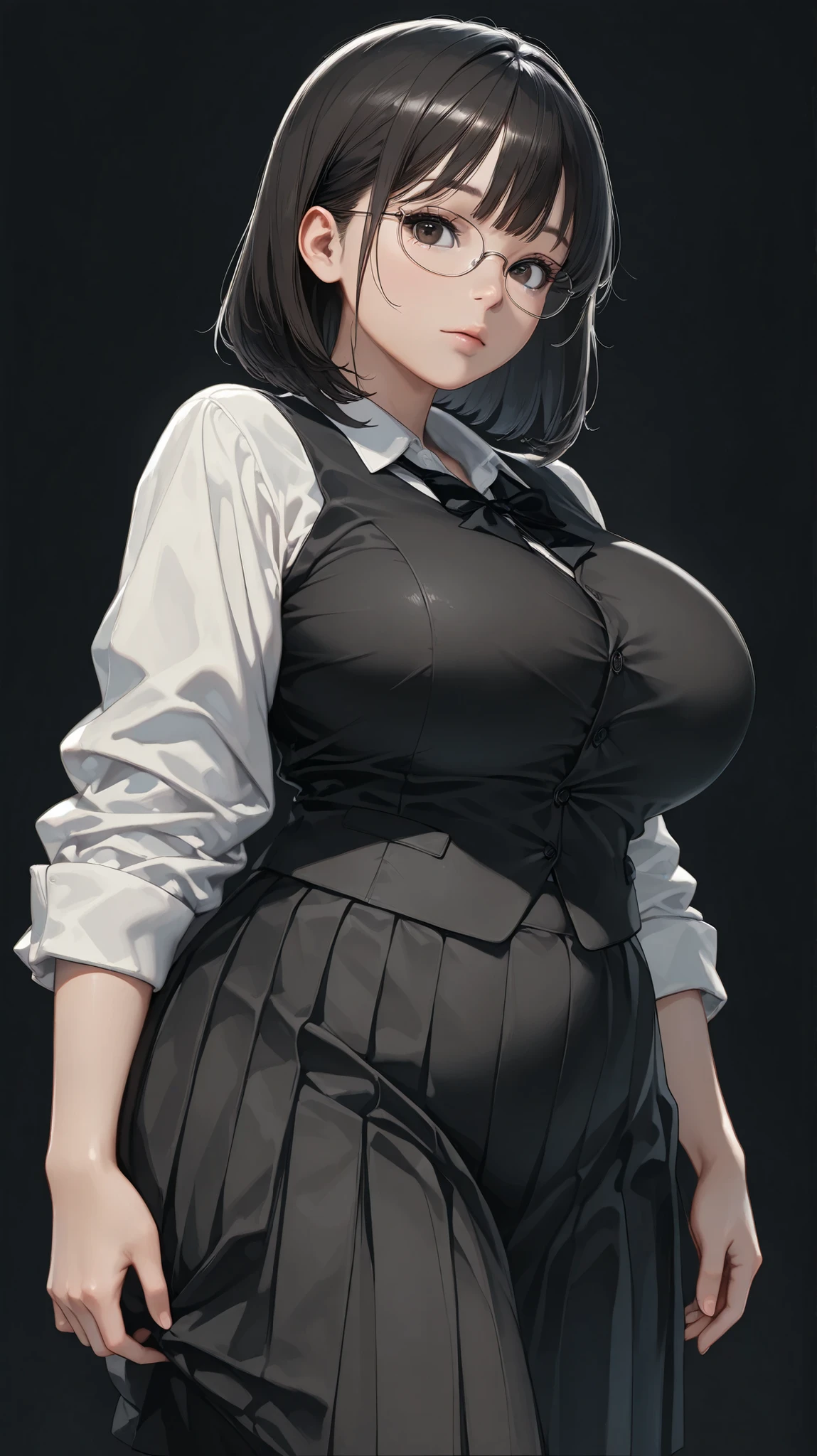 <lora:opll-f:0.9> ,masterpiece, 1girl, (opll:1.2), shortstack, full body, standing, (huge breasts:1.0), (pantyhose, office lady:1.1), blunt bangs, short hair, serious, simple background