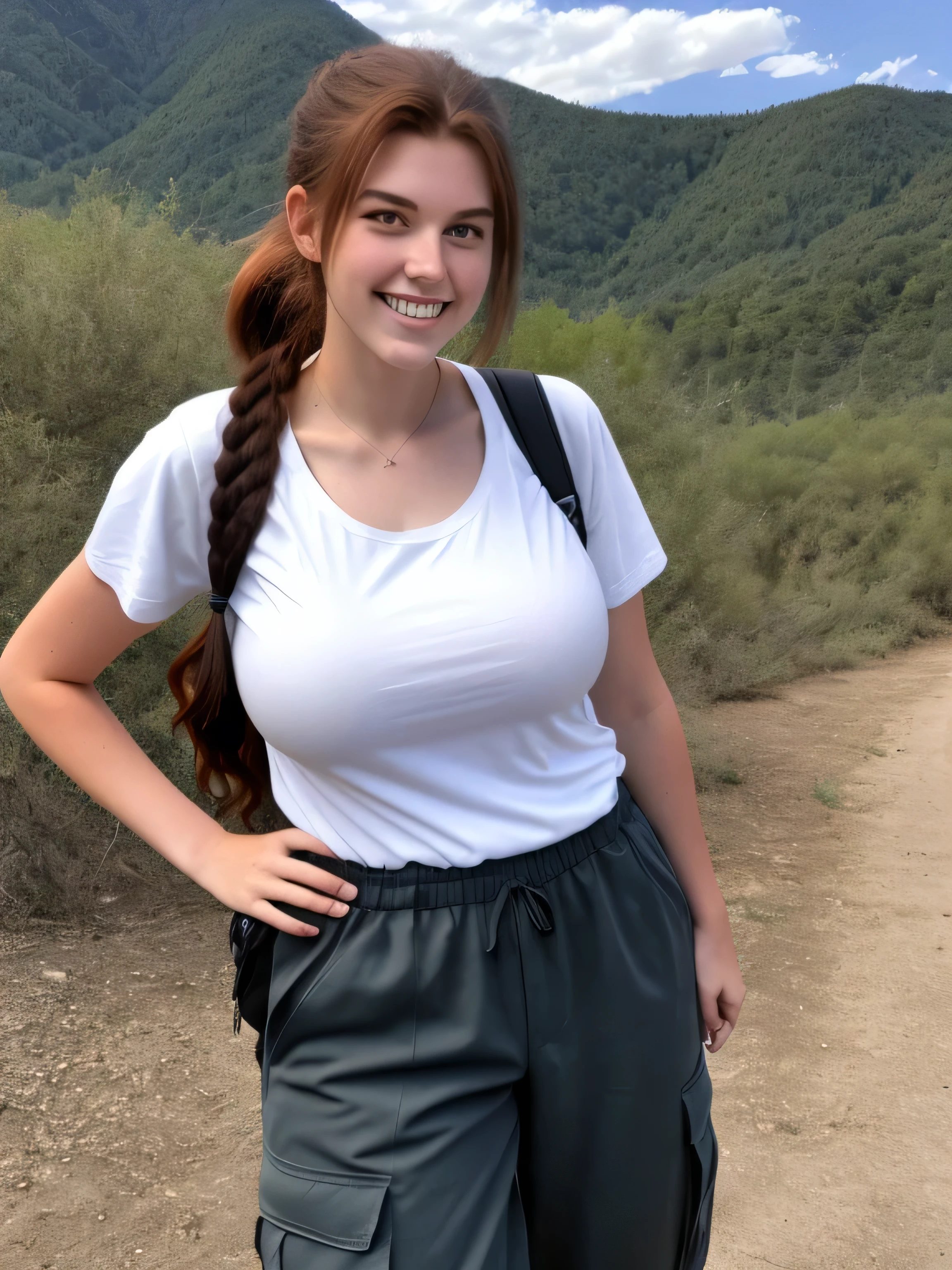 19-year-old tall American woman, [[smile]], wavy dark auburn hair, very long low solo ponytail, plain long white scoop neck tee shirt, cargo pants, hiking boots, ((big giant enormous oversized massive huge colossal gigantic breasts)), back country hiking in the foothills, backpack, (tall), (long legs), cleavage, strong, muscles, (facing camera:0.9)