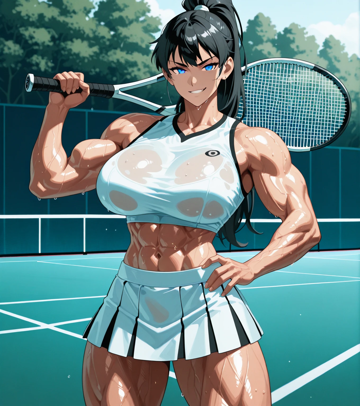 A fifty-year-old tennis player wearing white clothes holding a tennis racket, Inspired by Ion Andreescu, Tennis Wear, sporty physique, Playing tennis, sporty, a girl Playing tennis, attractive sporty physique, Healthy girl, Victoria Gavrilenko, White skirt and bare chest, Tight clothing, Exposed thighs!!!, Goddess Shot, Anna Nikonova、Also known as New Milky