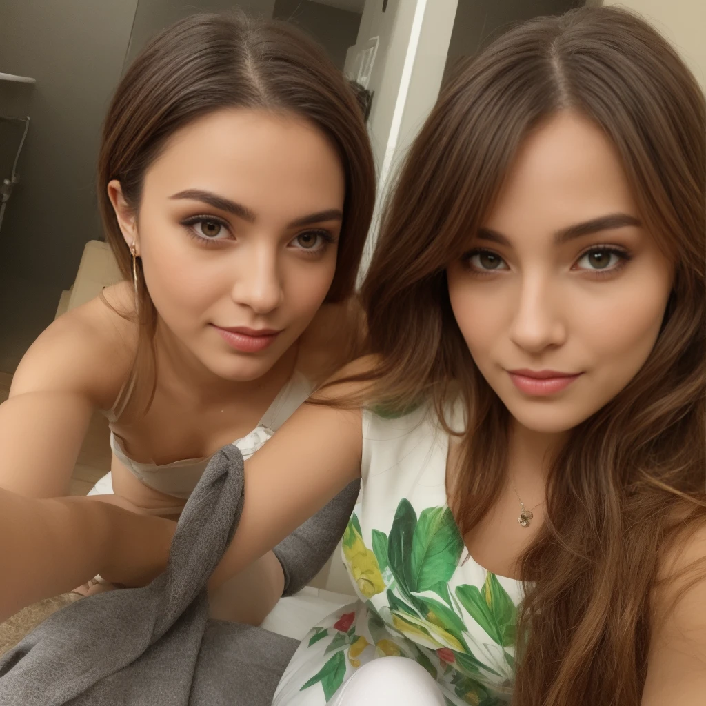 Beautiful brunette woman taking realistic selfie Christmas clothes