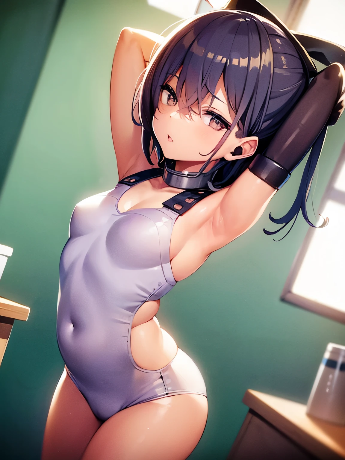((solo character, sexy pose, arms on the head, hands behind the head, arched back, full body)), young anime girl lying on the bed ((legs spread, legs thin, slim figure)), pink transparent sleeves, night, dark lighting, black skin, ((dark skin, brown skin)), slim body, small stature, black hair, ((black hair, pink eyes)), long hair, open mouth, blush, Tongue out, saliva, (camel toe, side boob, white thigh high high socks)), small, slim body, ((small body)), slender body, smooth skin, flat chest, (((wet skin, water on the skin))