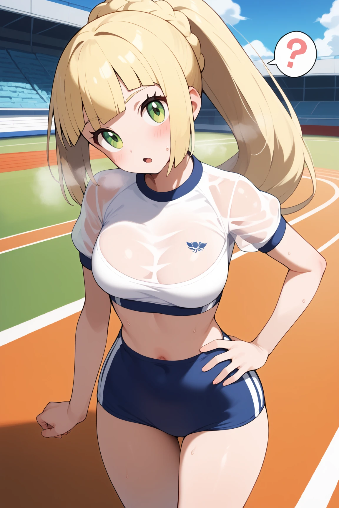 mari_\(blue_archive\), nsfw, masterpiece, 1 girl, erect nipples, intricately detailed, topless, navel, blue gym shorts, gym outfit, bare shoulders, track field, erect nipples, puffy nipples, extremely detailed, game, small breasts, nipples, bare stomach, sweaty, moist breath, flat chests, white headband, small breasts, collarbone, sweaty, orange hair, sitting, smiling, sweaty, aqua eyes, animal ear